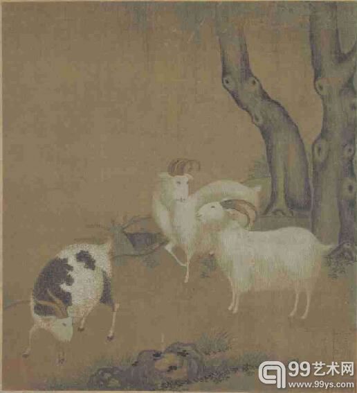 宋三羊图页，绢本，设色，纵21.2cm，横20cm。现藏故宫博物院。
